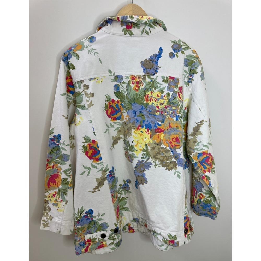 Susan Graver Floral Denim Trucker Jacket White Cotton Button Front Plus Size 1X - Picture 3 of 11